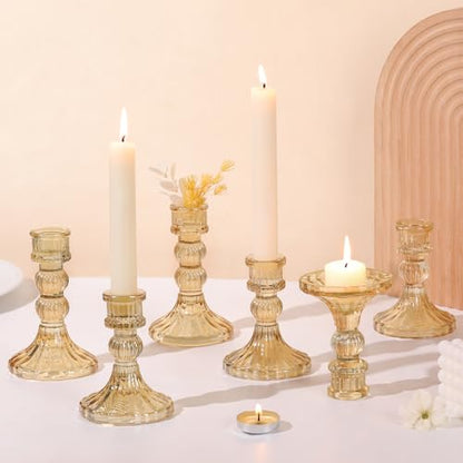 6Pcs Gold Candlestick Holders Set - 4" H & 5" H Striped Taper Candle Holders Bulk, Glass Candle Holders for Wedding, Festival, Party, Table Centerpiece, Gifts - color: Gold, size: Striped Pattern