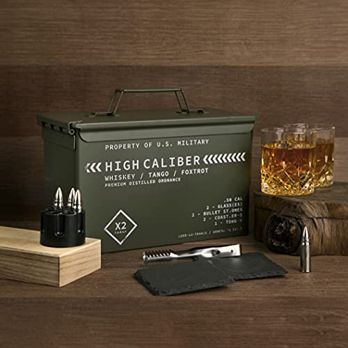 Whiskey Glasses and Stones in Unique Tactical Box Display | Bourbon Cocktail Cups, Coasters and Tongs | Gifts for Men | Glass Set