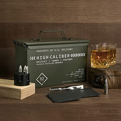 Whiskey Glasses and Stones in Unique Tactical Box Display | Bourbon Cocktail Cups, Coasters and Tongs | Gifts for Men | Glass Set