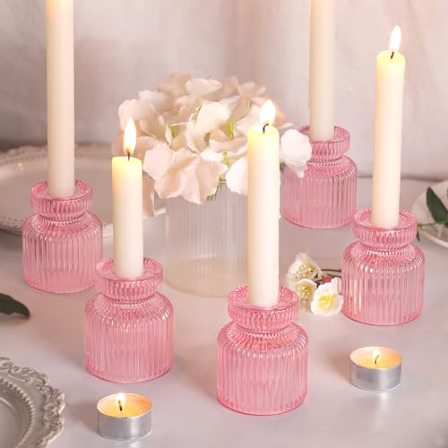 6 Pcs Pink Candlestick Holders - Glass Taper Candle Holders Tealight Votive Candle Holders for Table Centerpieces, Wedding, Dinner Party, Home, Gifts - color: Pink, size: 6Pcs