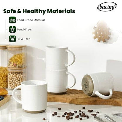 Bacimi® - Coffee Mugs Set of 4 - Stoneware Mugs 13.5oz - Ceramic Coffee Cups with Handle - Large Coffee Mug for Cappuccino, Latte & Hot Beverages - Eggshell White - style: Standard Set