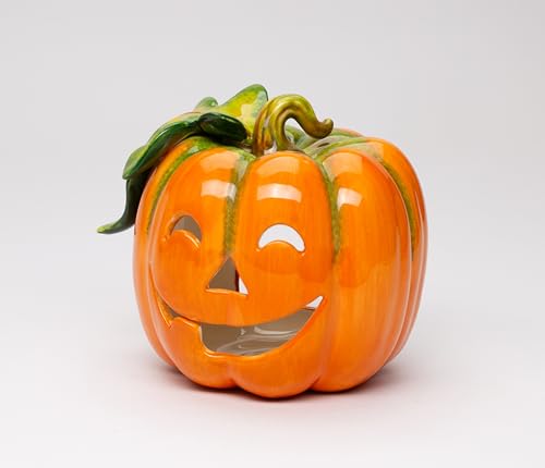 Fine Ceramic Jack-O-Lantern Pumpkin Design Tea Light Candle Holder, 5" L