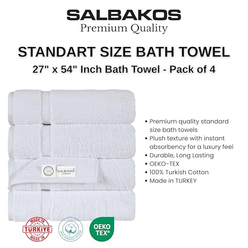 SALBAKOS 4-Piece 100% Turkish Cotton Bath Towels, 27x54 inch, White | Standard Size, 630 Gsm Thick Super Soft Highly Absorbent Quick-Dry Bathroom Towel, Premium Hotel & Spa Quality Made in Turkey - color: White, size: 4 Bath Towels