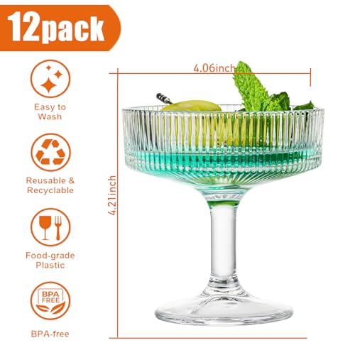 12 Pcs Martini Glasses, 6.7oz Crystal Champagne Tower, Art Deco Ribbed Coupe Glasses, Stem Cocktail Glassware Set, Margarita Cups, Heavy Base Bar Glassware for Martini, Gimlet, Manhattan - style: Ribbed Style