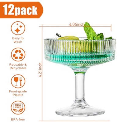 12 Pcs Martini Glasses, 6.7oz Crystal Champagne Tower, Art Deco Ribbed Coupe Glasses, Stem Cocktail Glassware Set, Margarita Cups, Heavy Base Bar Glassware for Martini, Gimlet, Manhattan - style: Ribbed Style