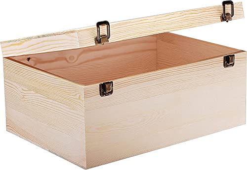 Large Wooden Box - 14" x 10" x 6.5" - Unfinished Pine Wood Box for Crafts, Storage, Keepsakes & Memory - Hinged Lid