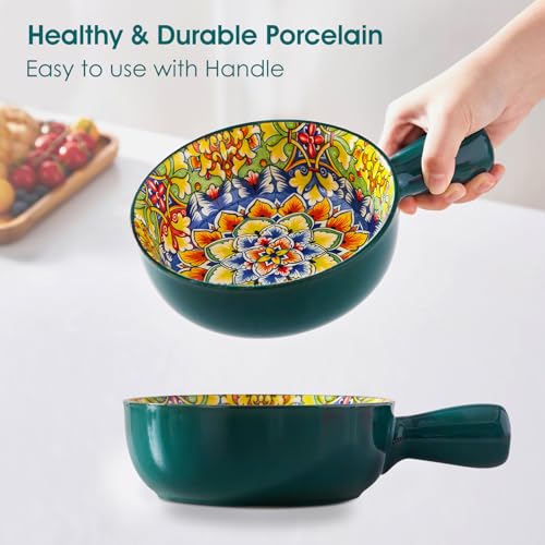 vancasso Boho 23 Oz French Onion Soup Bowls with Handles, Ceramic, Set of 4 | Bohemian ceramic soup crocks with handles,Microwave & dishwasher safe,6.2 inch, 23 oz, For cereal, pasta, stew & chili