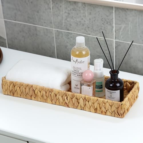 Water Hyacinth Bathroom Vanity Tray, 16.7 Inch | Long Toilet Tank Basket, Hand Towel Organizer, Bathroom Counter Storage, Coffee Table Tray, Woven Decor - size: 16.7" x 6" x 2"