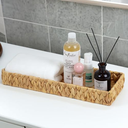 Water Hyacinth Bathroom Vanity Tray, 16.7 Inch | Long Toilet Tank Basket, Hand Towel Organizer, Bathroom Counter Storage, Coffee Table Tray, Woven Decor - size: 16.7" x 6" x 2"