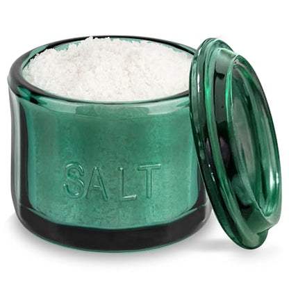 KooK Glass Salt Cellar, with Lid, Embossed Pressed Glass, Clear Storage Container, for Coffee, Sugar, Spices and Candies, 10 oz (Emerald Green) - color: Emerald Green