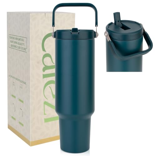 50 oz Tumbler with Lid and Straw, 18/8 Stainless Steel Water Bottles | Flip Straw, Top Handle, Leak Proof, Sweat-Free, Fits Cup Holder, Vacuum Insulated Cup for Home, Office, Outdoors, Car, Hiking - color: Atrovirens, size: 50 Ounces