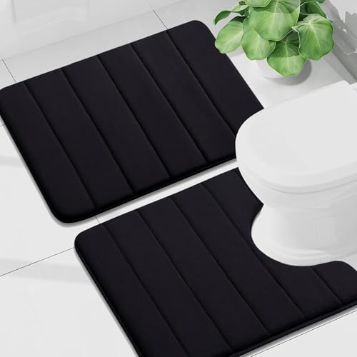 Buganda Memory Foam U-Shaped Toilet Rug Bath Mat Sets 2 Piece, 24x16+24x20 | Black, Bathroom Mat and Contoured Toilet Rug, Machine Wash Dry, Soft Absorbent Bath Rug for Bathroom, Shower and Tub - color: Black, size: 24" X 16"+24" X 20"
