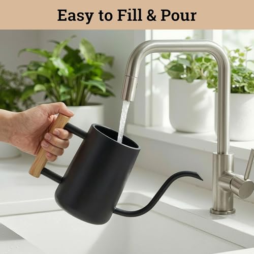 Metal Small Indoor Watering Can with Long Spout & Real Wood Handle, 35oz | Long Spout, Stainless Steel, Real Wood Handle, Gentle Flow, No Spills, Suitable for House Plants, Succulents & Seedlings - color: Black