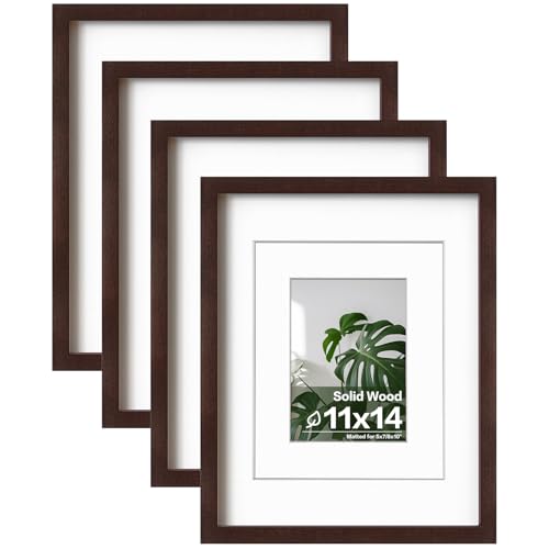 Egofine 11x14 Picture Frames Made of Solid Wood with Plexiglass, Display Pictures 5x7/8x10 with Mat or 11x14 Without Mat Set of 4 for Tabletop and Wall Mounting, Walnut Color - color: Walnut Brown, size: 11x14