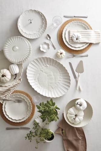 Lenox French Perle White Stoneware Turkey Thanksgiving Serving Platter | Dishwasher safe, microwave safe, carved design | serving dish, holiday hosting centerpiece | 1.75 in, Christmas kitchen decor - style: Casual