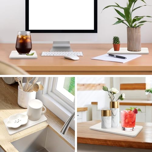 4 Water Absorbing Stone Drying Tray Bathroom Sink Kitchen Counter Soap Dish | Small Diatomite Toothbrush Holder Quick Dry Mat Marble Bathroom Vanity Trays Diatomaceous Earth Dish Coaster Kitchen Counter - color: White Marble