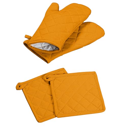 Oven Mitt (7"x13") & Pot Holder (8"x8") 100% Cotton Set of Heat Resistant Oven Gloves & Hot Pads for Gifts, BBQ, Cooking, Baking, Thanksgiving - Mustard Yellow - color: Mustard Yellow