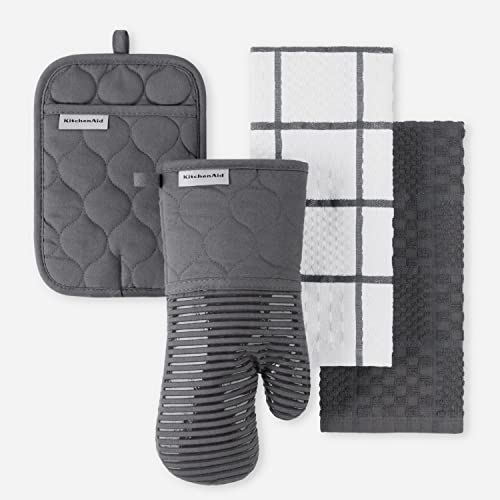 KitchenAid Quilted Cotton Terry Cloth Oven Mitt, Pot Holder, Kitchen Towel 4-Pack Set, Heat Resistant, Silicone Grip, Gift Set, Charcoal Grey, 16"x26", 7"x13" & 7"x10" - color: Charcoal Grey