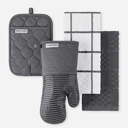 KitchenAid Quilted Cotton Terry Cloth Oven Mitt, Pot Holder, Kitchen Towel 4-Pack Set, Heat Resistant, Silicone Grip, Gift Set, Charcoal Grey, 16"x26", 7"x13" & 7"x10" - color: Charcoal Grey