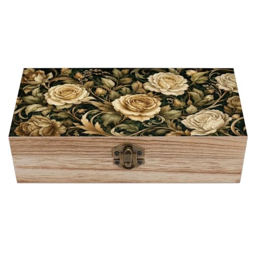 Floral Rose Wooden Storage Box Decorative Keepsake Box with Metal Lock Vintage Organizer Container Jewelry Photo Letter Memory Box Rustic Home Desk Storage Gift Box - color: Floral Rose