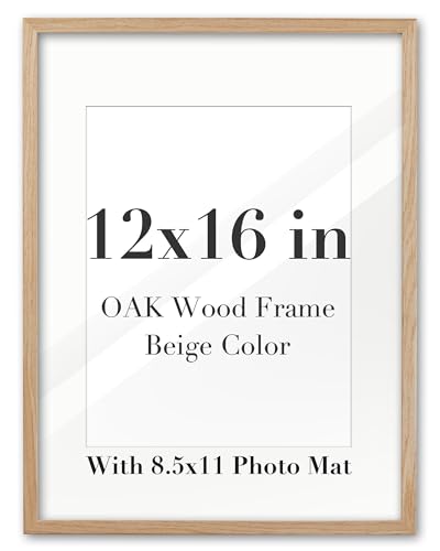 EcoHest 12x16 in Solid Oak Wood Narrow Border Wall Picture Frame | Natural Oak Wood Frame with 8.5x11 Mat, Acrylic Front, Thick Backboard, Photo Poster Display for Bedroom, Living Room, 1Pack - color: Beige With Mat, size: 16"L x 12"W 1Pack