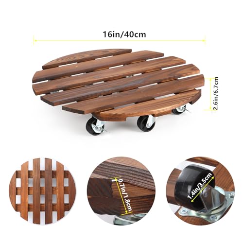 2 Pack 16" Plant Caddy with 7 Wheels, Rolling Plant Stand 500 LB Heavy Duty Wooden Round Plant Dolly with Metal 360° Lockable Caster Wheels for Outdoor Indoor Large Plant Pots, Flower Pot, Patio - size: 16"+16"