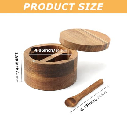 Saycker Wood Salt and Pepper Bowl, with Swivel Lid and Spoon Round Salt Container Spices Storage Box(10.3cm/4.06inch Dia) - color: L