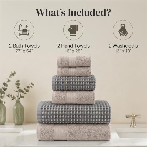 Modern Threads 6 Piece Cotton Bath Towel Set – Ultra Soft 600 GSM Towels – Bathroom Set with Hand Towels and Washcloths – Waffle (Charcoal) - color: Charcoal, size: Standard, style: Waffle