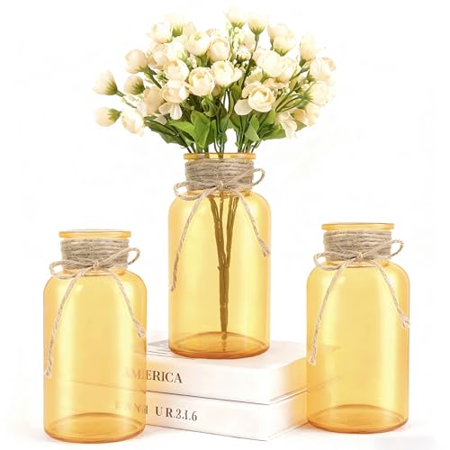 3 Pack Mason Jar Vases for Centerpieces, Gold Glass Flower Vase | Vintage Farmhouse Rustic Decorative Jars for Wedding Party Baby Shower Table Decor, Wide Mouth Mason Jars with Twine Bulk - color: Gold