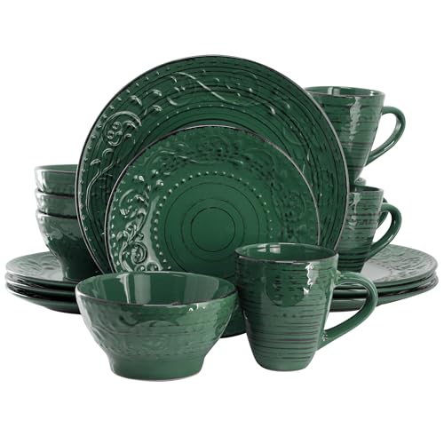 Elama Malibu Sea Glass 16-Piece Stoneware Embossed Pattern Reactive Glaze Dark Green Dinnerware Set, Tableware, Serveware Set (Sea Glass Green) - color: Sea Glass Green