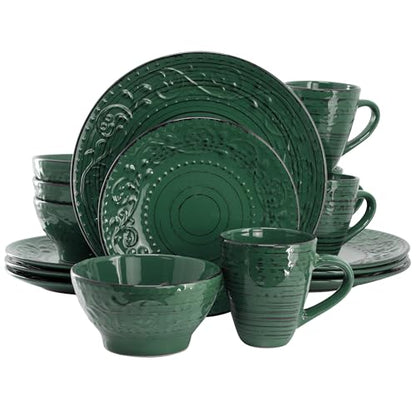 Elama Malibu Sea Glass 16-Piece Stoneware Embossed Pattern Reactive Glaze Dark Green Dinnerware Set, Tableware, Serveware Set (Sea Glass Green) - color: Sea Glass Green