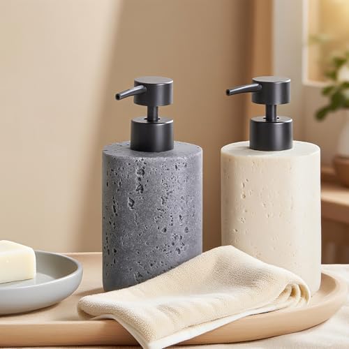 Clasin Home 2 Pack Gray Resin Soap Dispensers, Refillable Liquid Lotion Dispenser Bottles with Travertine-Look for Bathroom and Kitchen Countertop, Modern Stone Texture (10.8 oz) - color: Gray