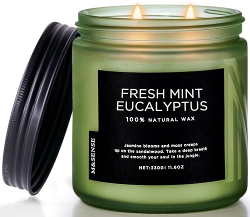 M&SENSE Eucalyptus & Mint Home Scented Candles, 11.6oz Organic Soy Wax, 70H | Long Burning, Clean Natural Non Toxic, Fresh Smelling for Stress Relief Meditation, Aromatherapy Gifts for Men Women - color: Eucalyptus Mint, size: Medium Jar