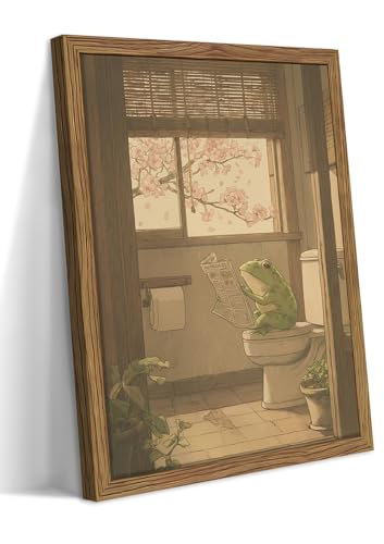 Framed Vintage Funny Bathroom Wall Art, Cute Frog Reading on Toilet Canvas Prints, Whimsical Japanese Style Animal Artwork, Retro Simple Wall Decor for Bathroom Bedroom Restroom 16x24in - color: Frog Pooping, size: 24"L x 16"W