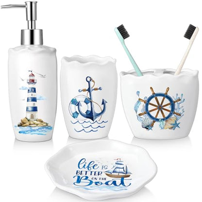 Nautical Bathroom Accessories Set of 4, Coastal Lighthouse Compass Anchor Sailboat Tumbler Soap Dispenser Toothbrush Holder Soap Dish for Ocean and Sea Coastal Theme Bathroom Decoration - style: Nautical