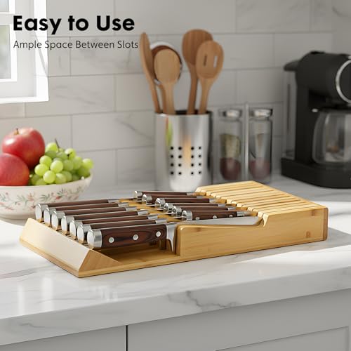 Bamboo Kitchen Drawer Knife Block, In drawer Knife Holder, Knife Drawer Organizer fit for 13 knives | Compact design,13 Slots, Thicker Base Board, Drawer Holder Storage For Steak, Paring, Bread Knives - size: 13 Slots Knife Holder