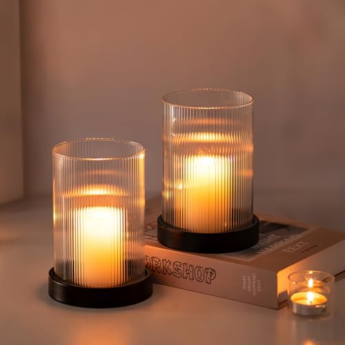 Glasseam Hurricane Candle Holder 2Pcs Black Candle Tray with Glass Cylinder | 3.94''x5.71'' Ribbed Open-End Sleeve, Fit 4'' Pillar Candles, Metal Candle Plates, Modern Table Centerpiece, Fireplace Decor - color: Black