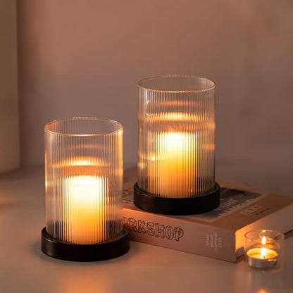 Glasseam Hurricane Candle Holder 2Pcs Black Candle Tray with Glass Cylinder | 3.94''x5.71'' Ribbed Open-End Sleeve, Fit 4'' Pillar Candles, Metal Candle Plates, Modern Table Centerpiece, Fireplace Decor - color: Black