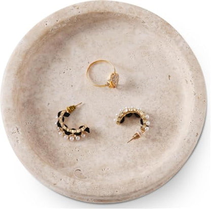 Marble Jewelry Dish, 5" Handmade Travertine Ring Tray | Handmade trinket holder for earrings, necklaces, keys & candles, Catchall for vanity, nightstand & gift for women - color: Travertine