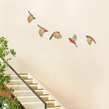 Vumyhuby 5-Piece Teal Wooden Bird Wall Art, Rustic Folk Flying Bird Decor - color: Teal