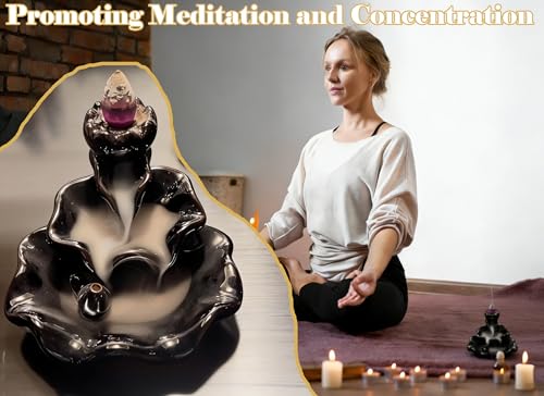 Waterfall Incense Burner, Backflow Incense Holder Lotus Ceramic Censer Cones Sticks Porcelain Holder for Aromatherapy Cones Relaxation, Purification, Meditation, Yoga