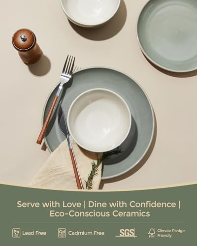 Stoneware Dinnerware Sets, Ceramic Plates and Bowls Set, Microwave & Dishwasher Safe Kitchen Dish Set, Modern Dinner Salad Plates | Cereal Bowls for 4, Dishware Sets Gray Green - color: Gray Green, size: Set (12pcs)