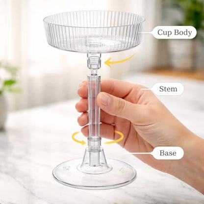 24 Pack 6oz Plastic Martini Glasses, Ribbed Coupe Glasses Set, Disposable Vintage Cocktail Cups for Champagne Tower, Wedding, Birthday, Party & Event Glassware
