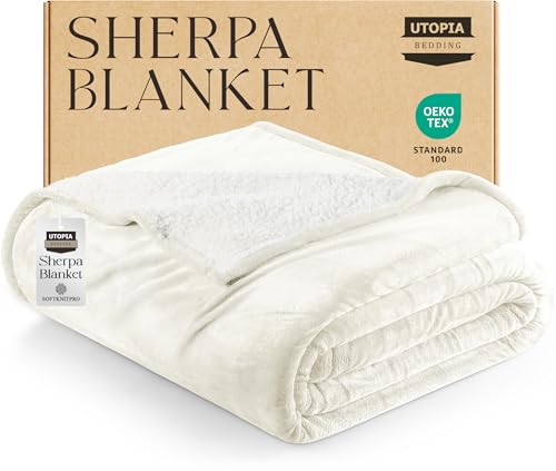 Utopia Bedding Sherpa Blanket King Size (Ivory, 90x102 Inches) - Soft Lightweight Plush Fleece Reversible Blanket for Bed, Sofa, Couch, Camping and Travel - color: Ivory, size: King (90x102 Inch)