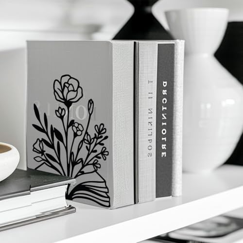 5.3"x4.3"x7.9" Metal Bookends, Heavy Duty Book Ends for Shelves | Books and Flowers Theme Cast Iron Book Supports, 1 Pair Decor Stoppers for Desk, Library, Office & Home Shelves - style: Books and Flowers