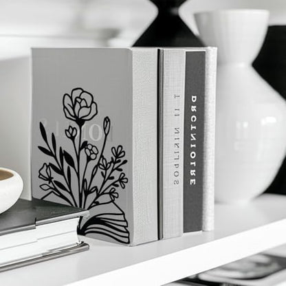 5.3"x4.3"x7.9" Metal Bookends, Heavy Duty Book Ends for Shelves | Books and Flowers Theme Cast Iron Book Supports, 1 Pair Decor Stoppers for Desk, Library, Office & Home Shelves - style: Books and Flowers