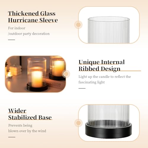 Glasseam Hurricane Candle Holder 2Pcs Black Candle Tray with Glass Cylinder | 3.94''x5.71'' Ribbed Open-End Sleeve, Fit 4'' Pillar Candles, Metal Candle Plates, Modern Table Centerpiece, Fireplace Decor - color: Black