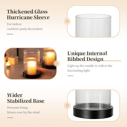 Glasseam Hurricane Candle Holder 2Pcs Black Candle Tray with Glass Cylinder | 3.94''x5.71'' Ribbed Open-End Sleeve, Fit 4'' Pillar Candles, Metal Candle Plates, Modern Table Centerpiece, Fireplace Decor - color: Black