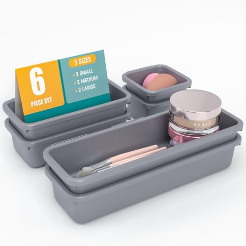 6 PCS Drawer Organizer Set, 3 Size Makeup Drawer Divider Organizer With Non-Slip Pads, Interlocking Plastic Storage Bins for Office,Jewelry Vanity,Gadgets, Bathroom,Kitchen, Grey - color: Grey, size: 6Pack