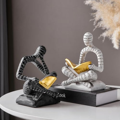 BANOMII Heavy Duty Book Ends for Shelves, Thinker Decorative Bookends for Heavy Books, Unique Book Stoppers to Hold Book, Bookshelf Accessories, Modern Home Office Decor Aesthetic Black & White - style: Readers